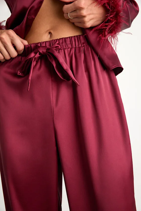Dreamiest Delight Burgundy Satin Feather Two-Piece Pajama Set sold by Lulus product image thumbnail 4