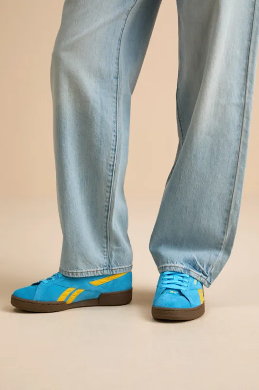 Club C Grounds UK Future Cyan and Gold Suede Leather Sneakers made by Lulus