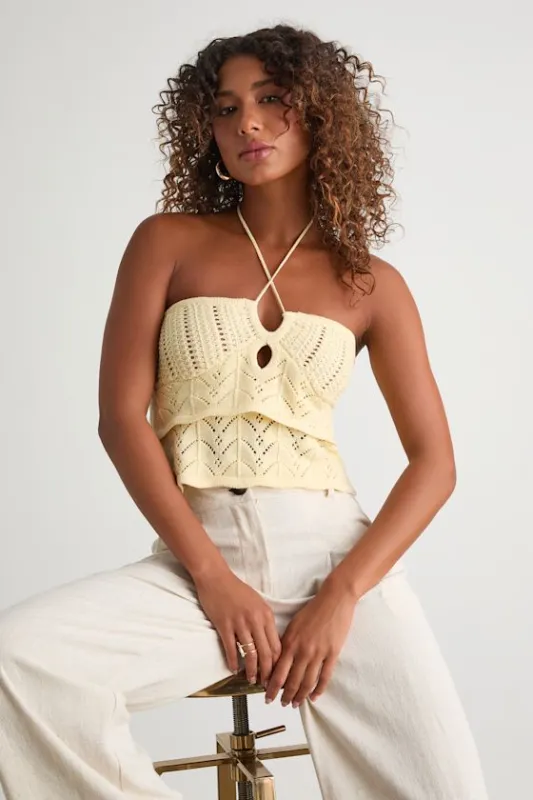Linden Light Yellow Crochet Cutout Tiered Halter Top sold by Lulus