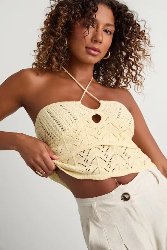 Linden Light Yellow Crochet Cutout Tiered Halter Top sold by Lulus product image thumbnail 2