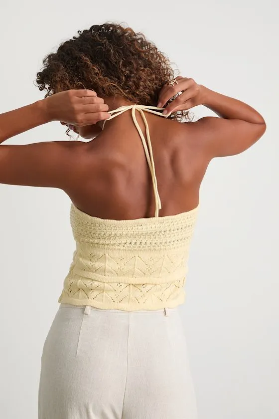 Linden Light Yellow Crochet Cutout Tiered Halter Top sold by Lulus product image thumbnail 3