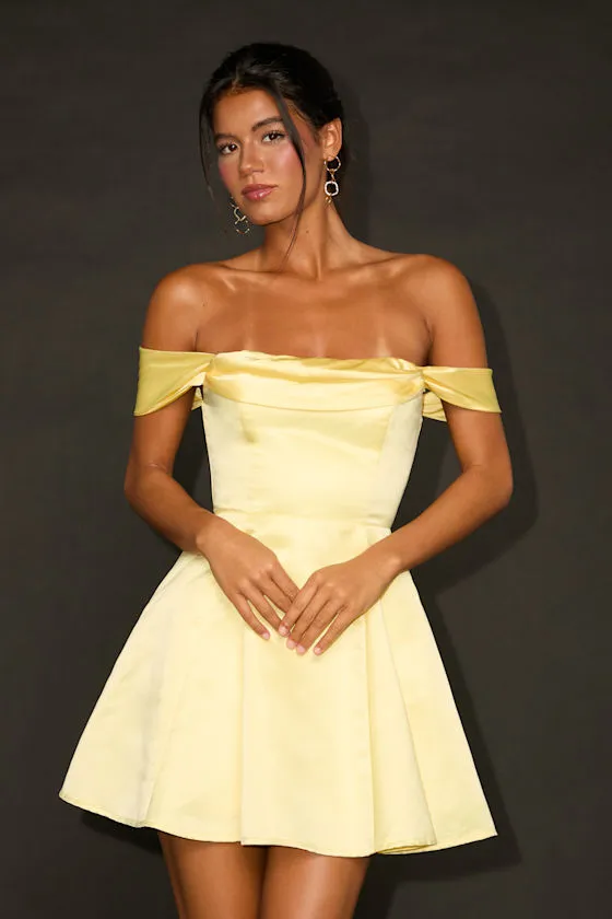 Rhylee Light Yellow Satin Lace-Up Off-the-Shoulder Mini Dress sold by Lulus