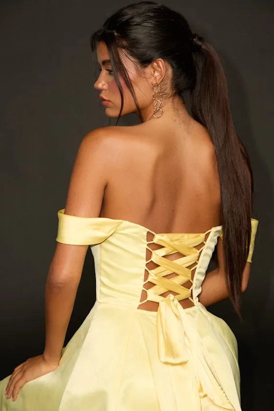 Rhylee Light Yellow Satin Lace-Up Off-the-Shoulder Mini Dress sold by Lulus product image thumbnail 2