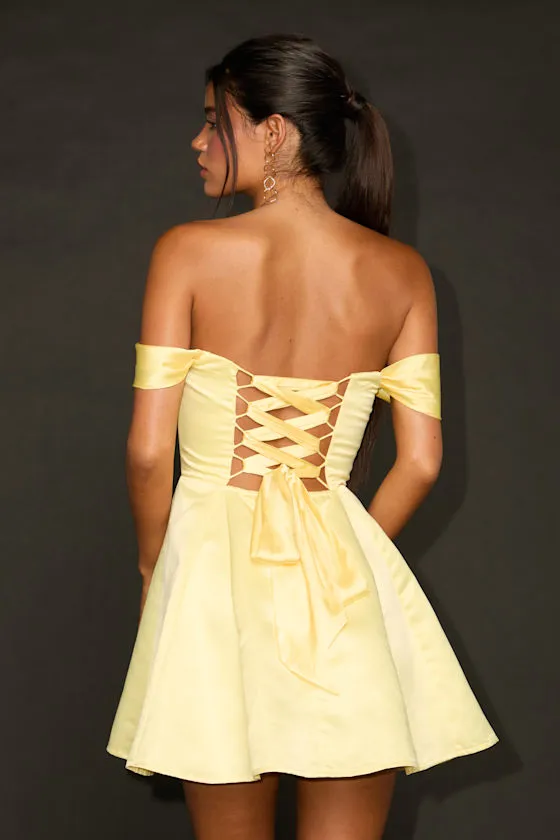 Rhylee Light Yellow Satin Lace-Up Off-the-Shoulder Mini Dress sold by Lulus product image thumbnail 3