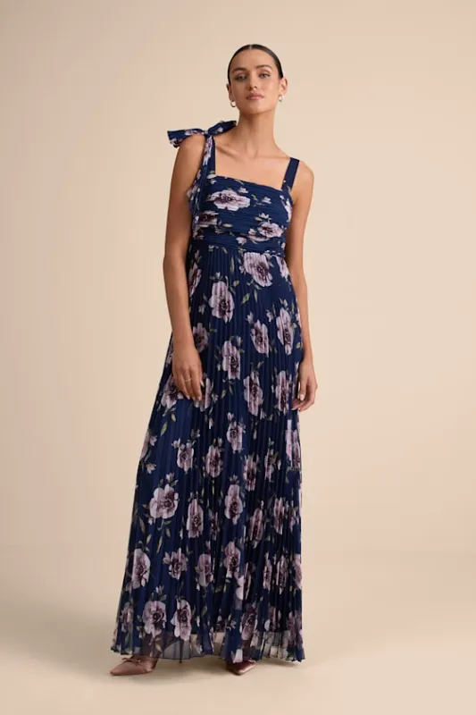Gorgeous Purpose Navy Floral Pleated Sleeveless Bow Maxi Dress sold by Lulus