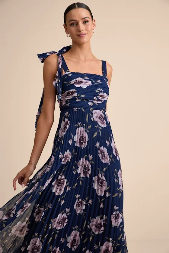 Gorgeous Purpose Navy Floral Pleated Sleeveless Bow Maxi Dress sold by Lulus product image thumbnail 2