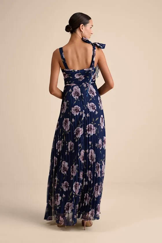 Gorgeous Purpose Navy Floral Pleated Sleeveless Bow Maxi Dress sold by Lulus product image thumbnail 3