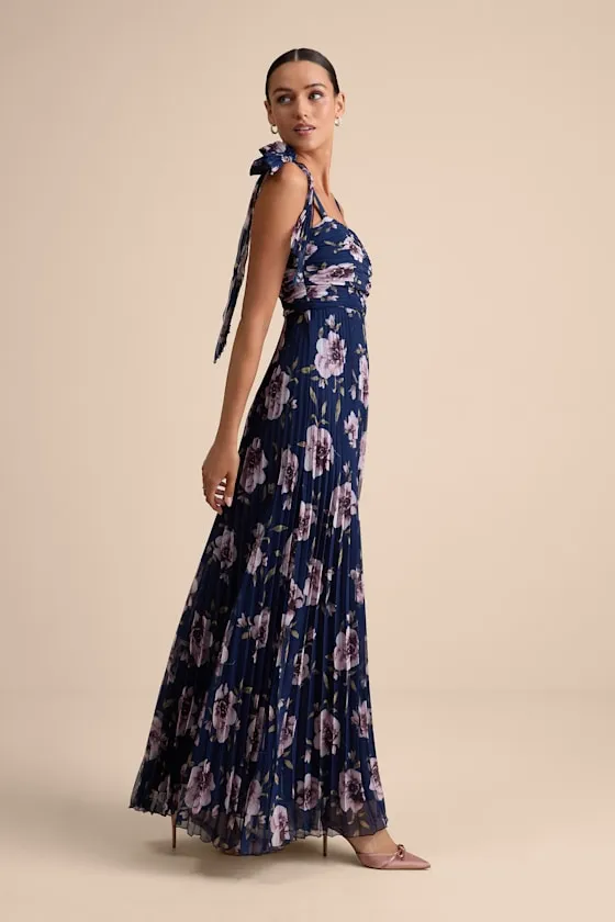 Gorgeous Purpose Navy Floral Pleated Sleeveless Bow Maxi Dress sold by Lulus product image thumbnail 4