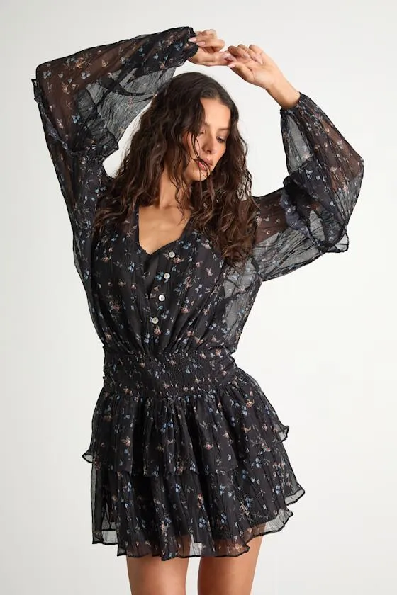 Christy Black Floral Button-Front Long Sleeve Mini Dress sold by Lulus