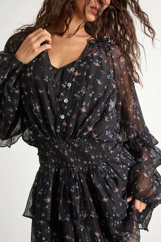 Christy Black Floral Button-Front Long Sleeve Mini Dress sold by Lulus product image thumbnail 2