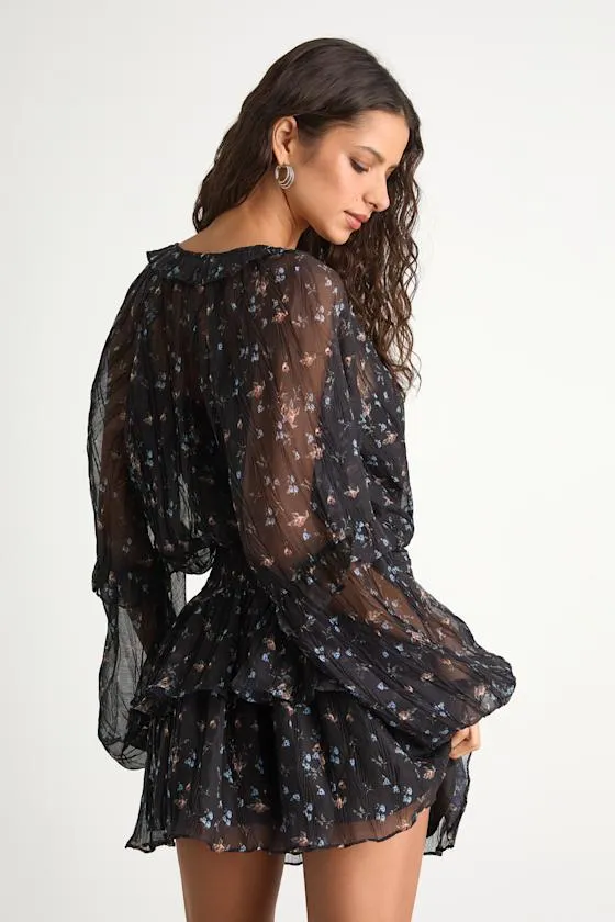 Christy Black Floral Button-Front Long Sleeve Mini Dress sold by Lulus product image thumbnail 3