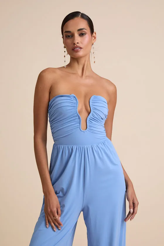 Avietta Light Blue Cutout U-Bar Strapless Jumpsuit sold by Lulus
