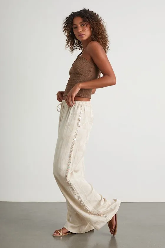 Cessa Brushed Beige Seashell Drawstring Wide-Leg Pants sold by Lulus