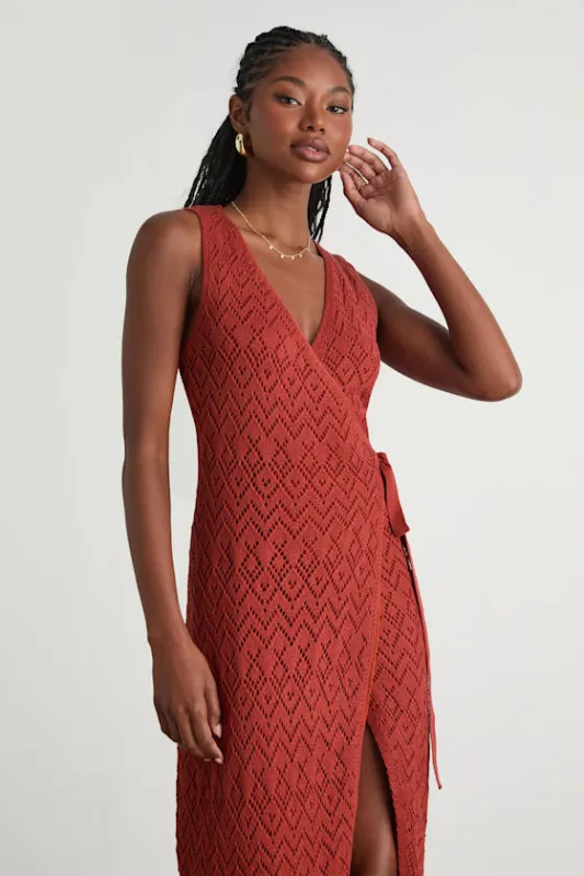 Kasper Rusty Red Pointelle Knit Wrap Midi Dress sold by Lulus