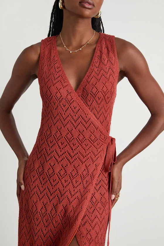 Kasper Rusty Red Pointelle Knit Wrap Midi Dress sold by Lulus product image thumbnail 4