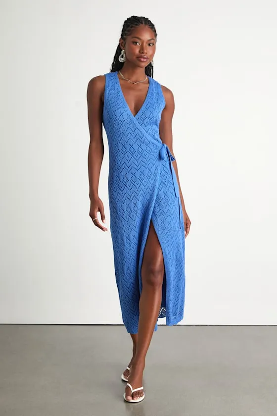 Kasper Blue Pointelle Knit Wrap Midi Dress sold by Lulus product image thumbnail 2