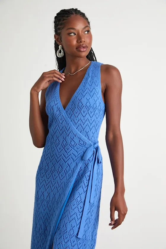 Kasper Blue Pointelle Knit Wrap Midi Dress sold by Lulus product image thumbnail 3