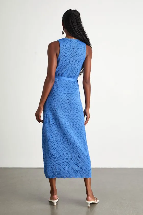 Kasper Blue Pointelle Knit Wrap Midi Dress sold by Lulus product image thumbnail 4