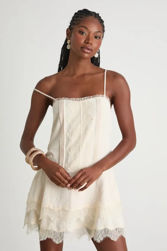 Sahima Cream Lace Tiered Mini Dress sold by Lulus