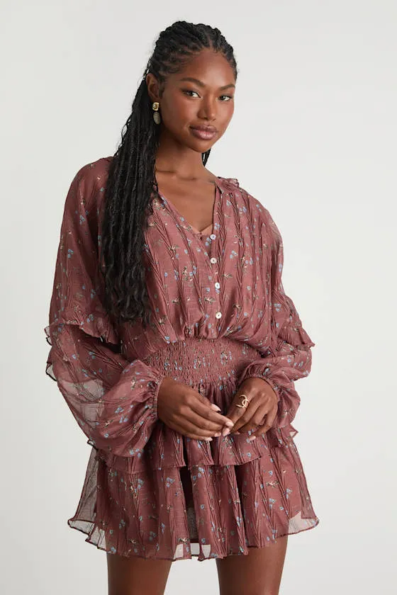 Christy Rust Floral Button-Front Long Sleeve Mini Dress sold by Lulus