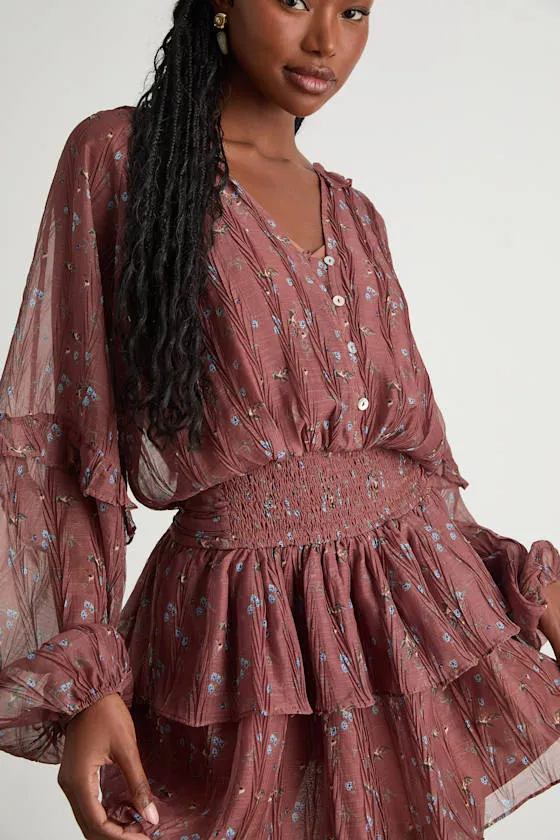 Christy Rust Floral Button-Front Long Sleeve Mini Dress sold by Lulus product image thumbnail 2