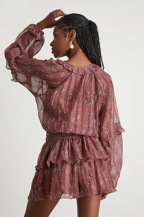 Christy Rust Floral Button-Front Long Sleeve Mini Dress sold by Lulus product image thumbnail 3