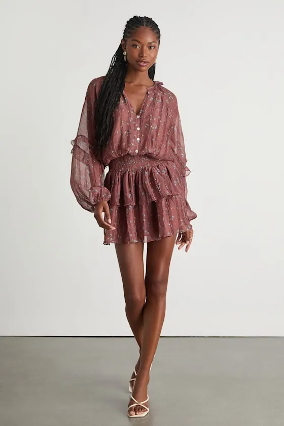 Christy Rust Floral Button-Front Long Sleeve Mini Dress sold by Lulus product image thumbnail 4