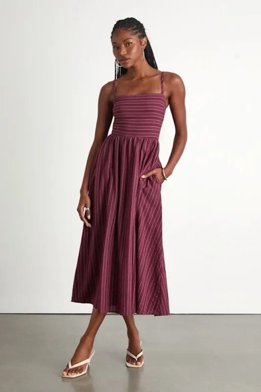 Feeling the Best Plum Striped Tie-Back Midi Dress with Pockets sold by Lulus