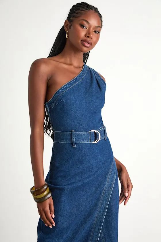 Avelina Medium Wash Denim One-Shoulder Belted Midi Dress sold by Lulus product image thumbnail 2