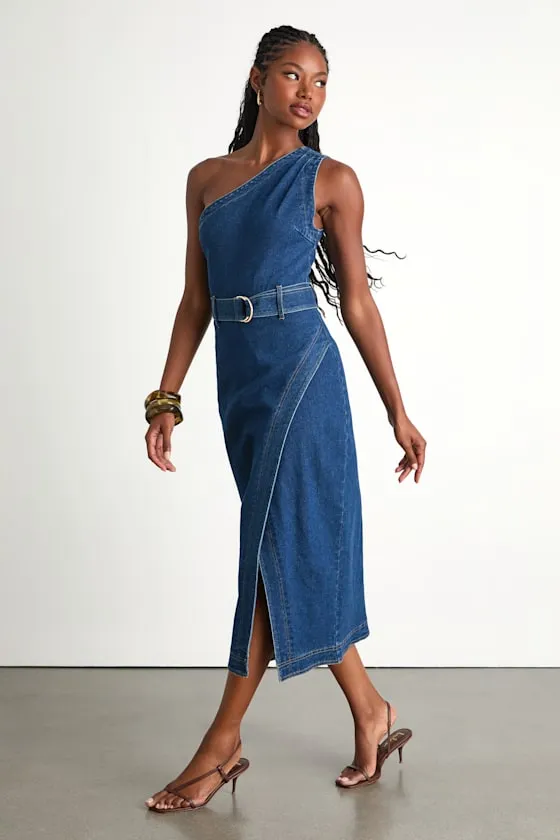 Avelina Medium Wash Denim One-Shoulder Belted Midi Dress sold by Lulus product image thumbnail 4