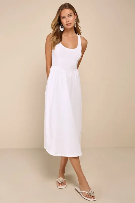 Summer Beauty White Ribbed Twist-Back Midi Dress sold by Lulus