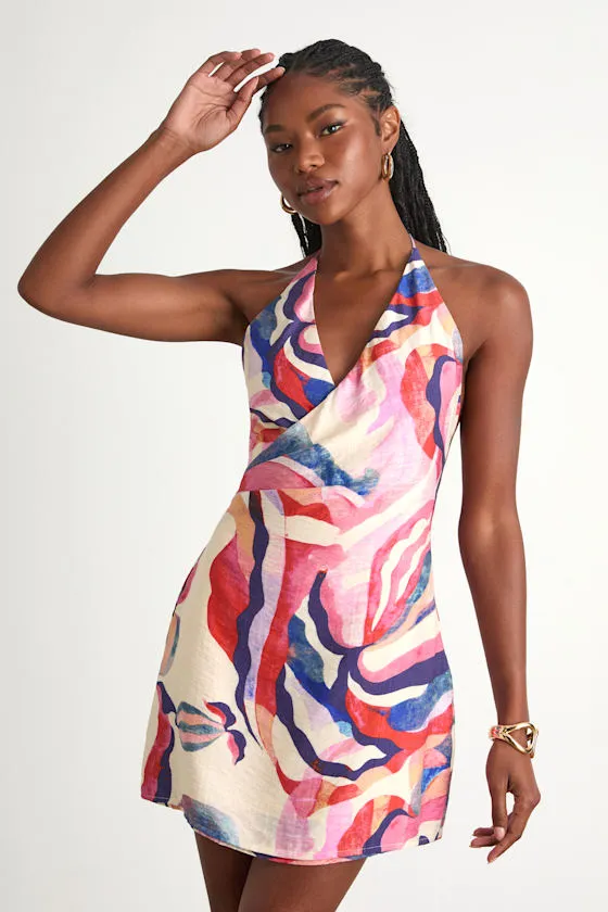 Zinara Cream Multi Abstract Surplice Halter Mini Dress sold by Lulus