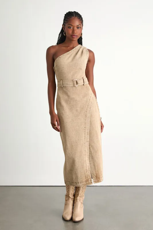 Avelina Washed Tan Denim One-Shoulder Belted Midi Dress sold by Lulus