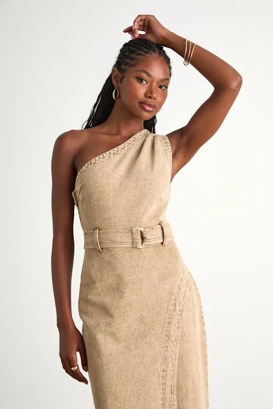 Avelina Washed Tan Denim One-Shoulder Belted Midi Dress sold by Lulus product image thumbnail 2