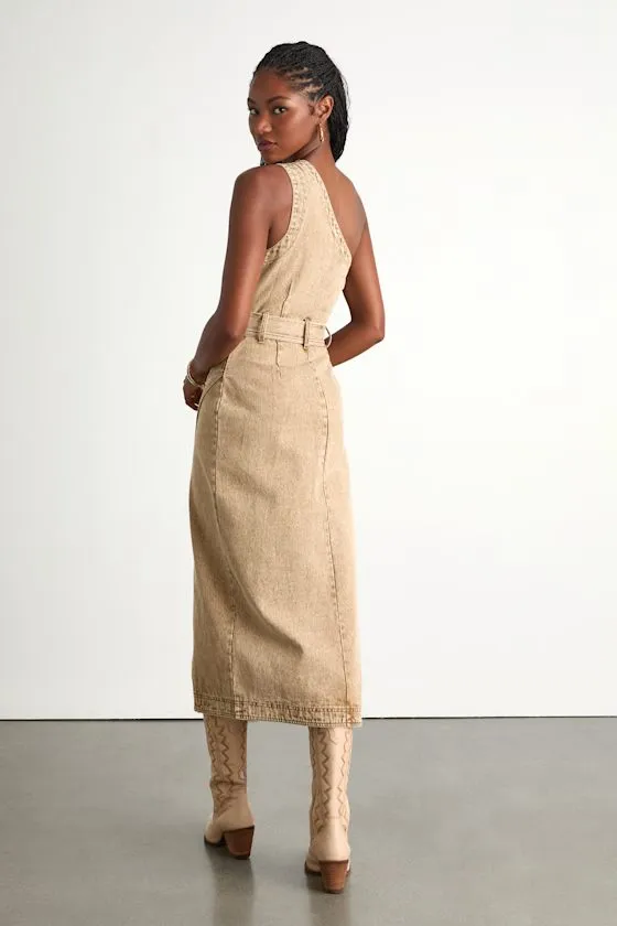 Avelina Washed Tan Denim One-Shoulder Belted Midi Dress sold by Lulus product image thumbnail 3