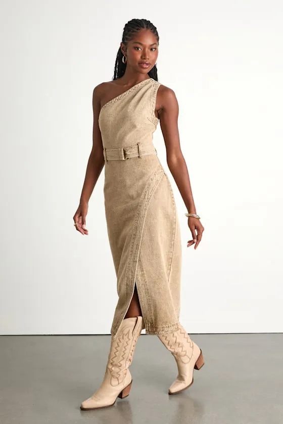 Avelina Washed Tan Denim One-Shoulder Belted Midi Dress sold by Lulus product image thumbnail 4