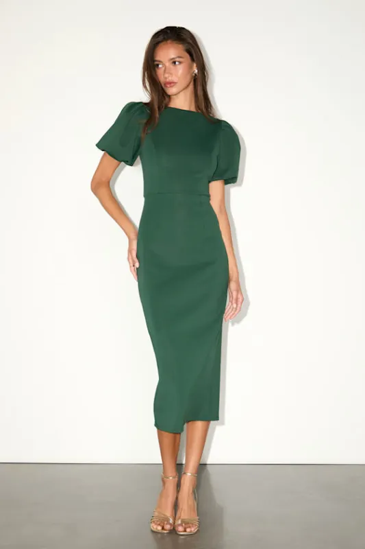 Simply Beloved Hunter Green Puff Sleeve Bodycon Midi Dress sold by Lulus
