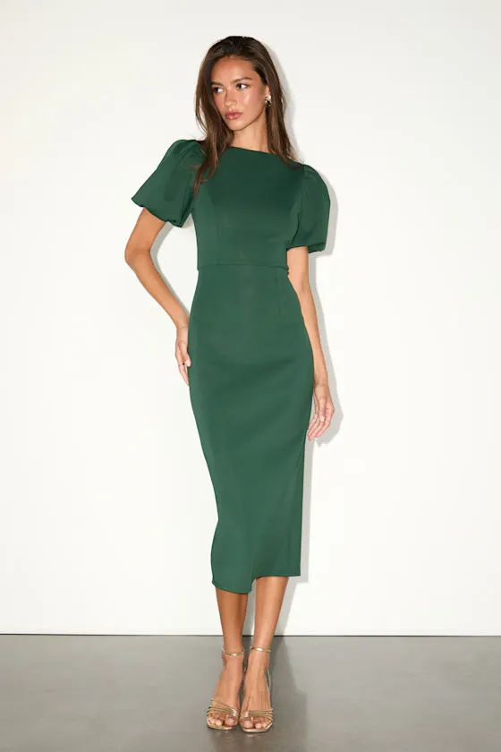 Simply Beloved Hunter Green Puff Sleeve Bodycon Midi Dress sold by Lulus