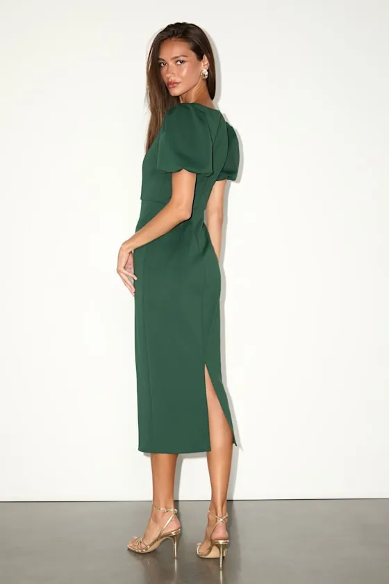 Simply Beloved Hunter Green Puff Sleeve Bodycon Midi Dress sold by Lulus product image thumbnail 3