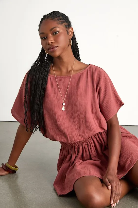 Aevorn Rusty Rose Gauzy Short Sleeve Mini Dress sold by Lulus