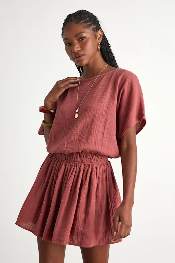 Aevorn Rusty Rose Gauzy Short Sleeve Mini Dress sold by Lulus product image thumbnail 2