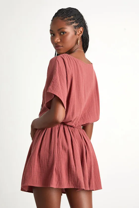Aevorn Rusty Rose Gauzy Short Sleeve Mini Dress sold by Lulus product image thumbnail 3