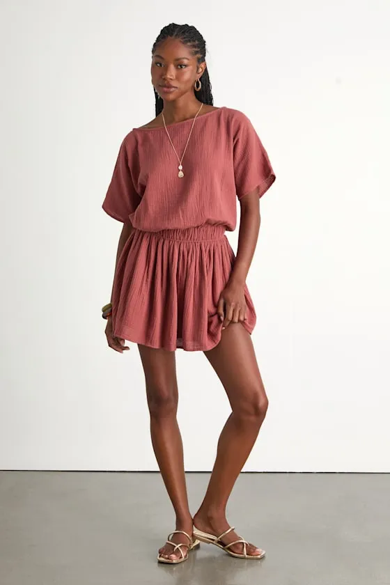 Aevorn Rusty Rose Gauzy Short Sleeve Mini Dress sold by Lulus product image thumbnail 4