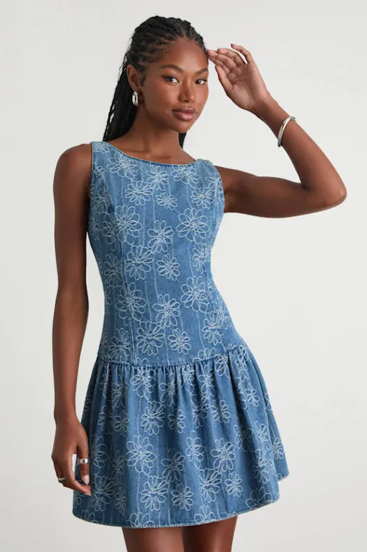 Kodi Medium Wash Floral Denim Drop Waist Mini Dress sold by Lulus
