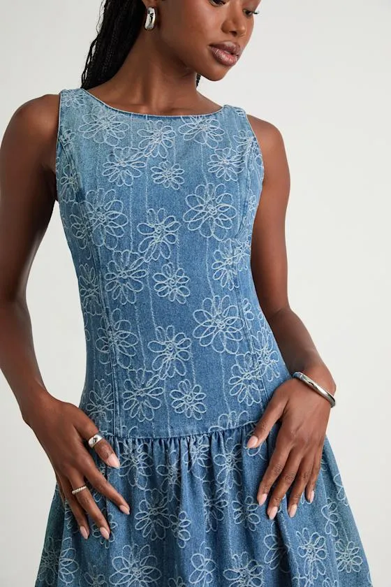 Kodi Medium Wash Floral Denim Drop Waist Mini Dress sold by Lulus product image thumbnail 2