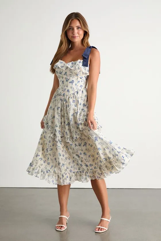 Candice Ivory Floral Ruffled Tie-Strap Midi Dress sold by Lulus