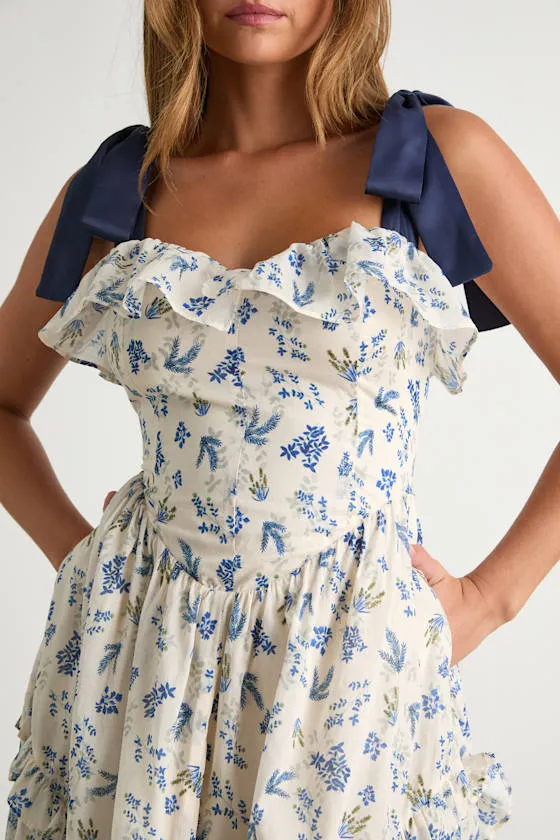 Candice Ivory Floral Ruffled Tie-Strap Midi Dress sold by Lulus product image thumbnail 2