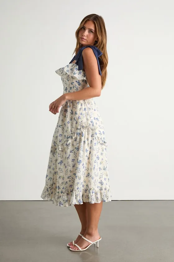 Candice Ivory Floral Ruffled Tie-Strap Midi Dress sold by Lulus product image thumbnail 3