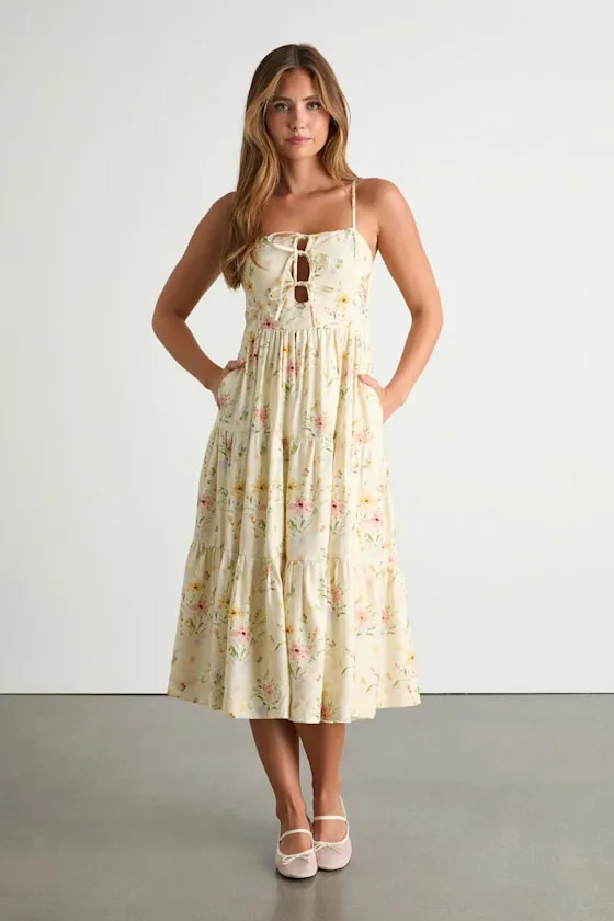 Nattie Pale Yellow Floral Tie-Front Tiered Midi Dress sold by Lulus product image thumbnail 2