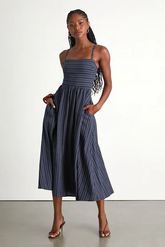 Feeling the Best Navy Striped Tie-Back Midi Dress with Pockets sold by Lulus